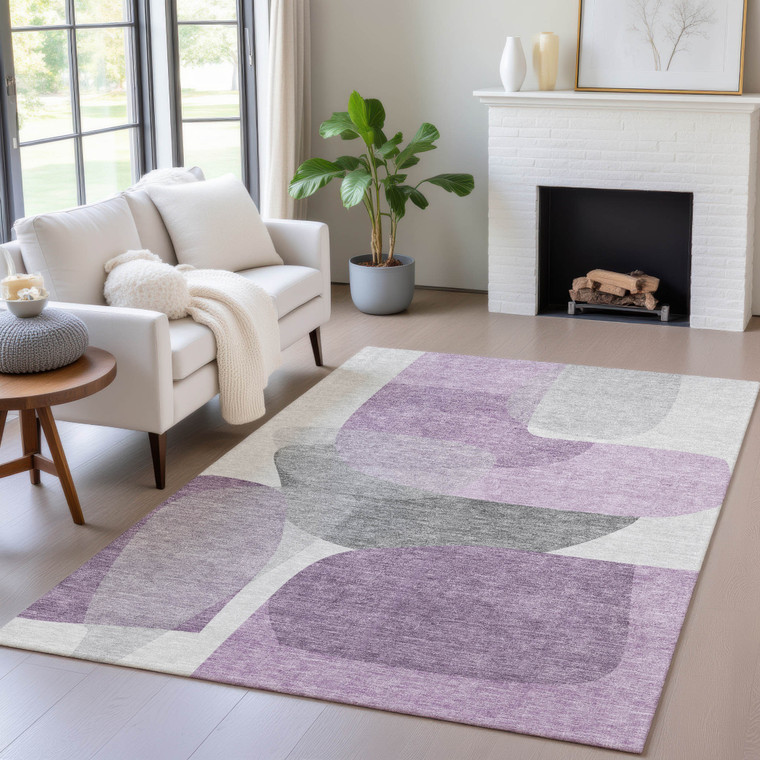 3' X 5' Purple And Gray Abstract Washable Indoor Outdoor Area Rug - Purple, Gray