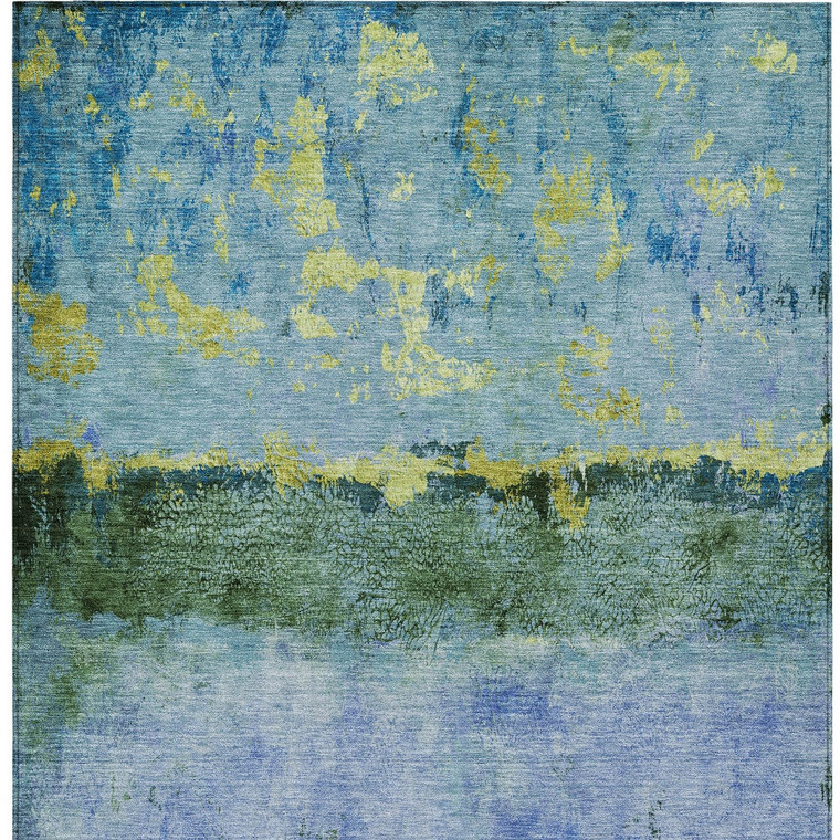 5' X 8' Blue And Lime Green Abstract Washable Indoor Outdoor Area Rug