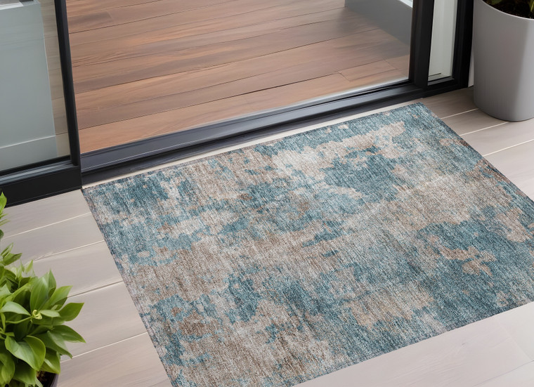 2' X 3' Teal and Taupe Abstract Washable Non Skid Indoor Outdoor Area Rug