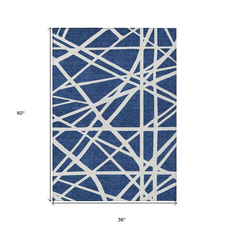3' X 5' Navy Blue And Ivory Geometric Washable Indoor Outdoor Area Rug - 608219103453