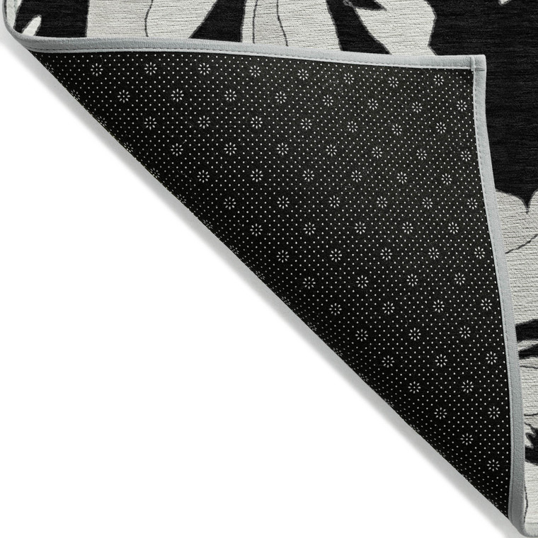 3' X 5' Black Gray And Silver Floral Washable Indoor Outdoor Area Rug