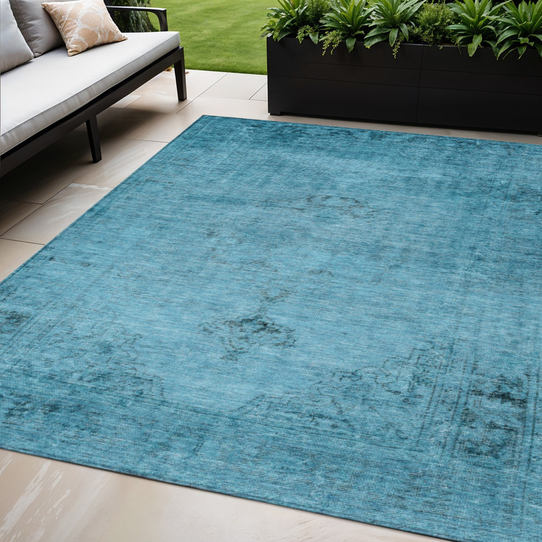 5' X 8' Denim Blue And Navy Blue Oriental Washable Indoor Outdoor Area Rug