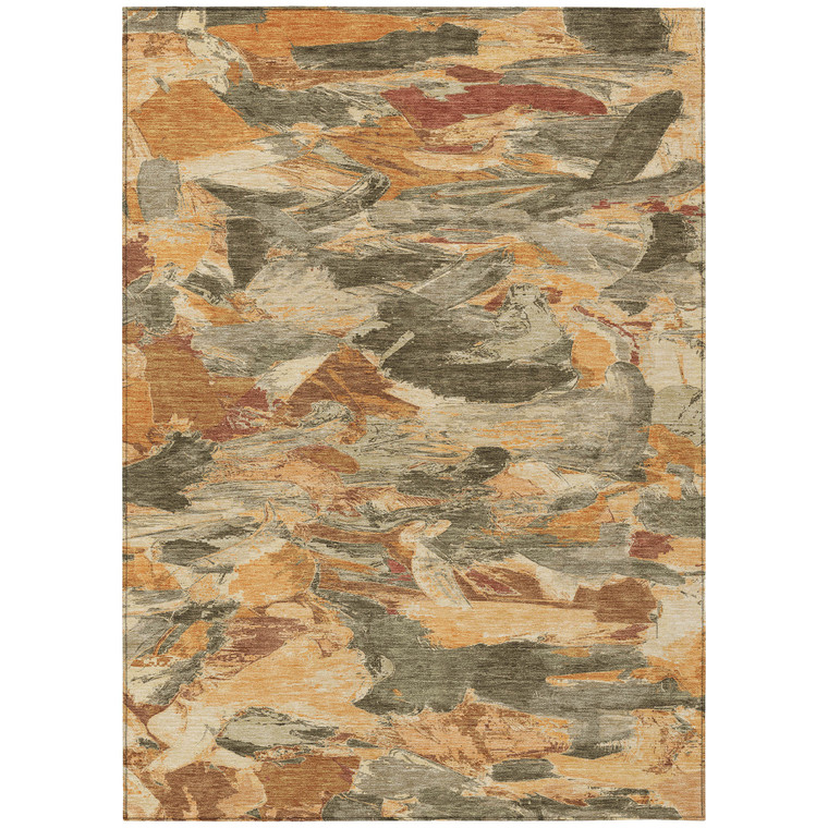 5' X 8' Copper And Orange Abstract Washable Indoor Outdoor Area Rug
