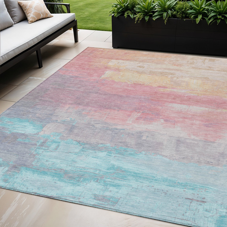 5' X 8' Salmon And Beige Abstract Washable Indoor Outdoor Area Rug