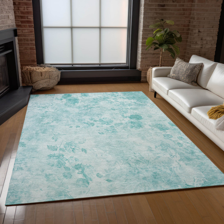 3' X 5' Aqua Teal Blue And Ivory Floral Washable Indoor Outdoor Area Rug