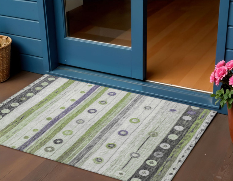 3' X 5' Artichoke Green Purple And Ivory Striped Washable Indoor Outdoor Area Rug