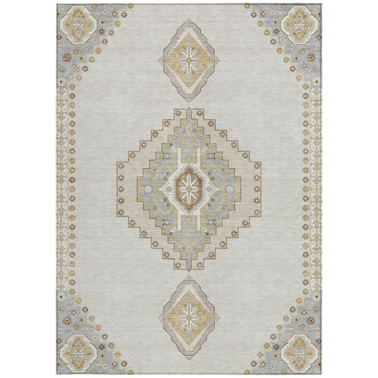 3' X 5' Ivory Gray And Brown Oriental Washable Indoor Outdoor Area Rug