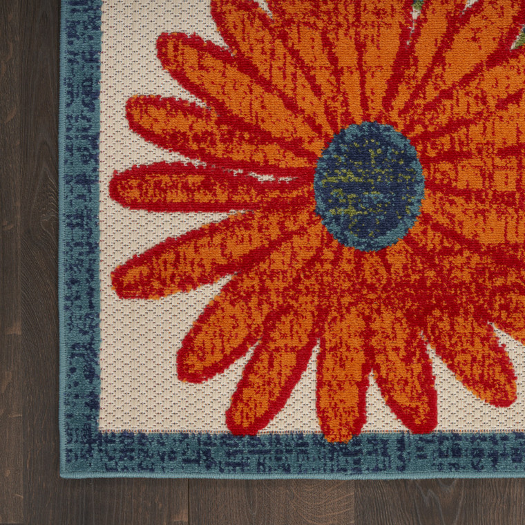 5' X 8' Ivory Blue Orange And Green Floral Indoor Outdoor Area Rug - Ivory, Blue, Orange, Green