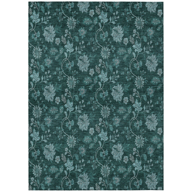 5' X 8' Teal Blue And Aqua Floral Washable Indoor Outdoor Area Rug - Teal Blue, Aqua