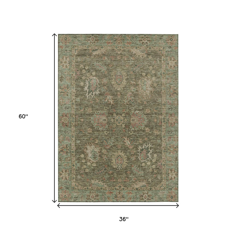 3' X 5' Olive Green And Rust Floral Washable Indoor Outdoor Area Rug