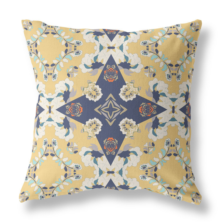 16" X 16" Yellow And Blue Floral Blown Seam Suede Throw Pillow