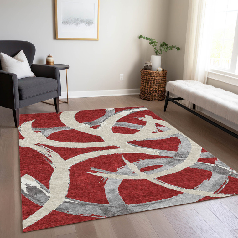 3' X 5' Red Beige And Gray Abstract Washable Indoor Outdoor Area Rug