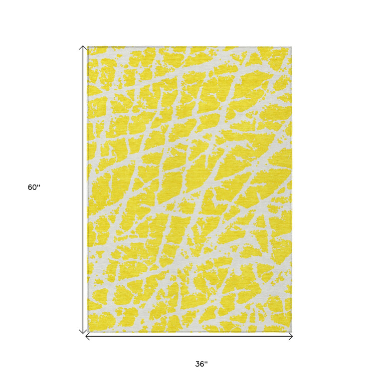 3' X 5' Yellow and White Abstract Washable Non Skid Indoor Outdoor Area Rug