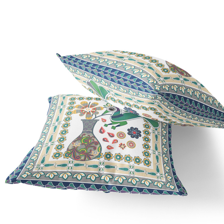 Set of Two 16" X 16" Green and Yellow Peacock Blown Seam Floral Indoor Outdoor Throw Pillow Polyester Modern Style