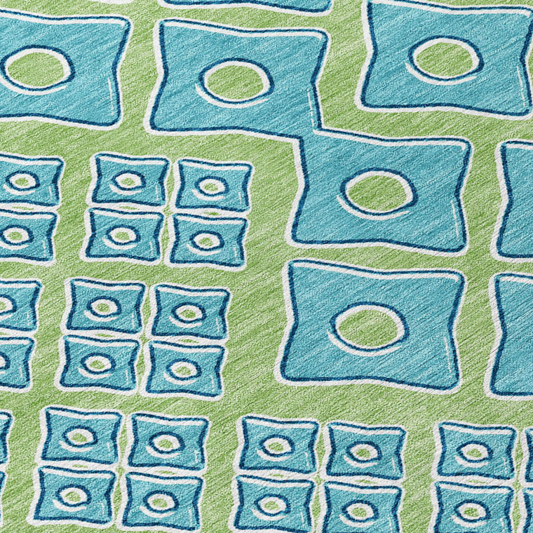 5' X 8' Artichoke Green And Aqua Geometric Washable Indoor Outdoor Area Rug