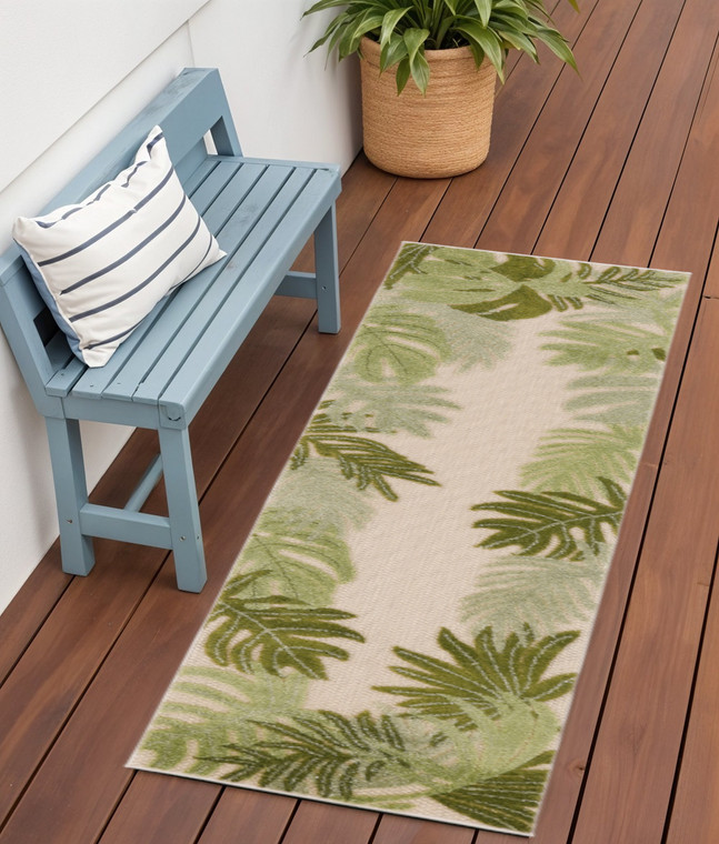 6' Ivory And Green Palm Leaf Indoor Outdoor Runner Rug - Ivory, Green
