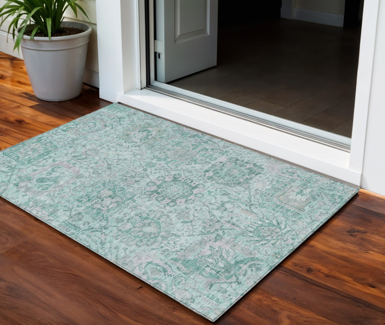 3' X 5' Teal Blue And Gray Damask Washable Indoor Outdoor Area Rug