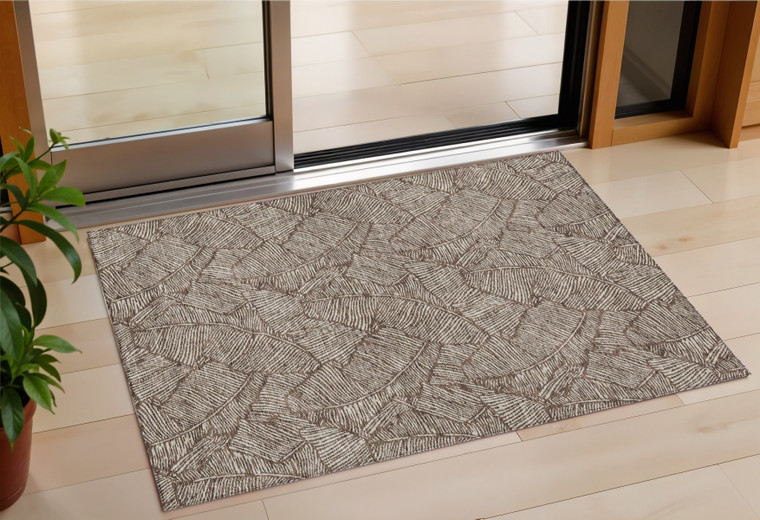 3' X 5' Brown And Beige Floral Washable Indoor Outdoor Area Rug - 608219077747