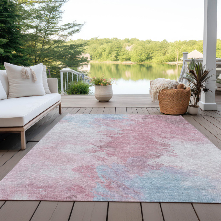 5' X 8' Blush Ivory And Blue Abstract Washable Indoor Outdoor Area Rug