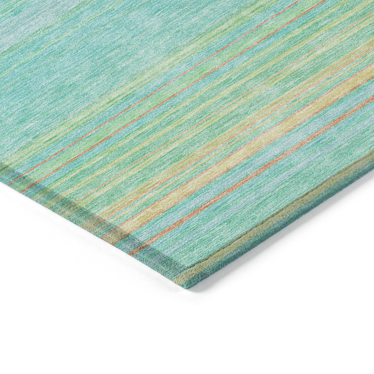 5' X 8' Aqua Green And Yellow Striped Washable Indoor Outdoor Area Rug