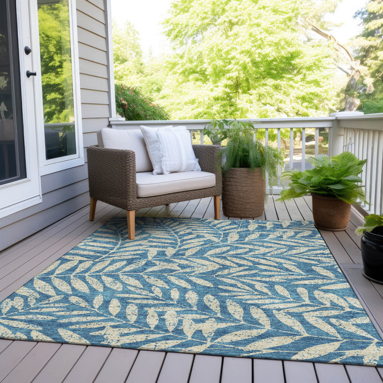 3' X 5' Teal Blue And Ivory Floral Washable Indoor Outdoor Area Rug - 608219391140