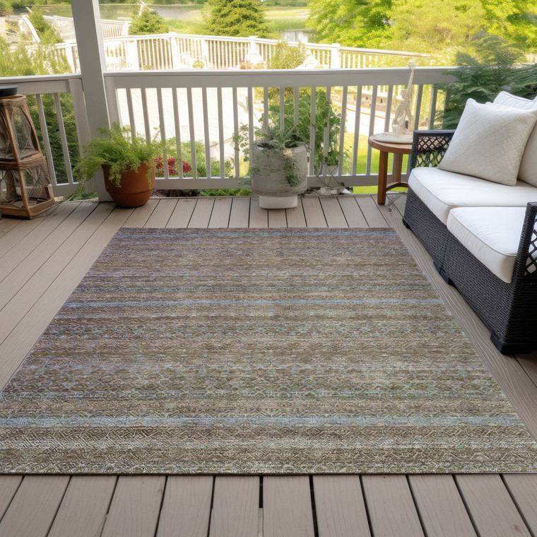 5' X 8' Brown And Denim Blue Striped Washable Indoor Outdoor Area Rug
