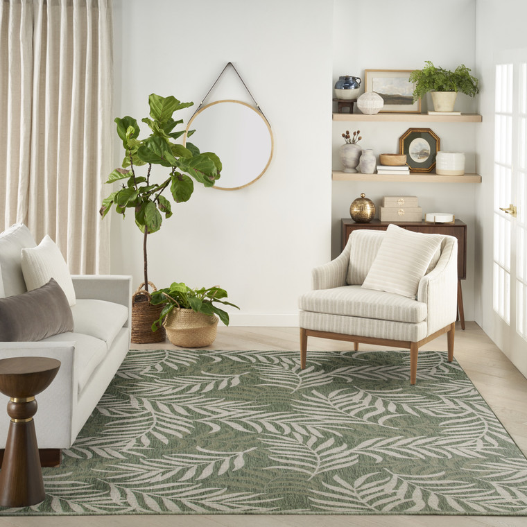 9' X 12' Ivory And Green Palm Leaf Indoor Outdoor Area Rug - Ivory, Green