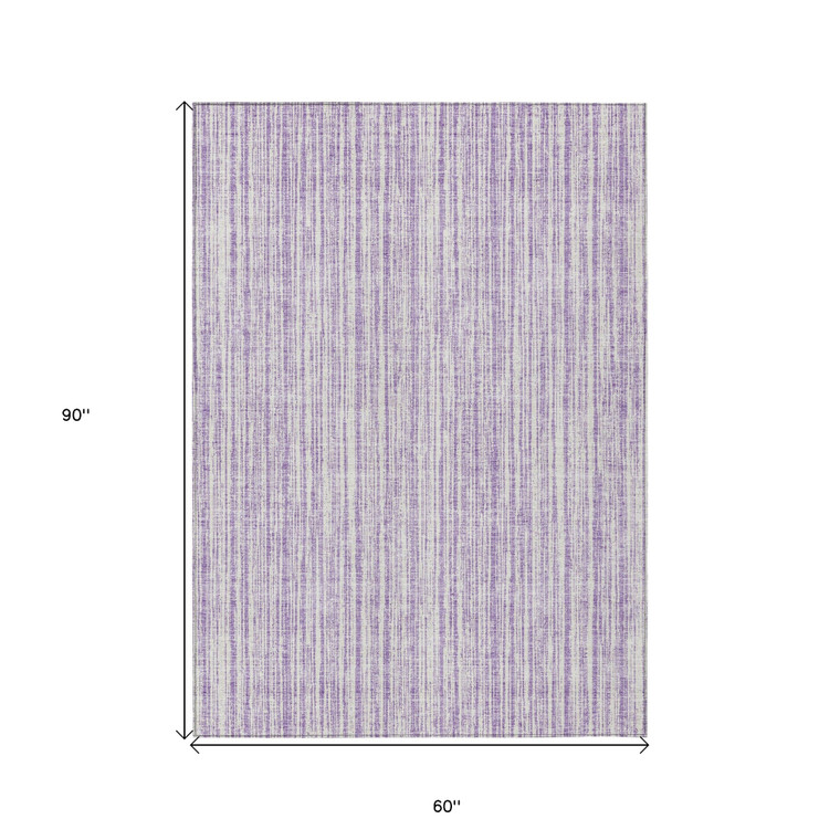 5' X 8' Lavender And Ivory Striped Washable Indoor Outdoor Area Rug