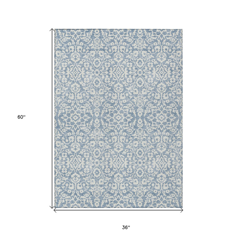 3' X 5' Denim Blue And Ivory Damask Washable Indoor Outdoor Area Rug