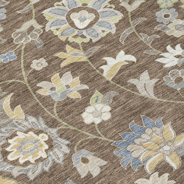 5' X 8' Chocolate Beige And Blue Floral Washable Indoor Outdoor Area Rug
