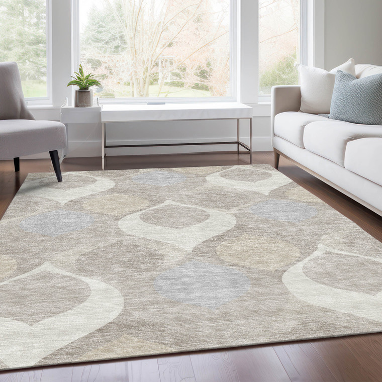 3' X 5' Ivory Beige And Tan Ogee Washable Indoor Outdoor Area Rug