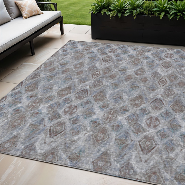 5' X 8' Sky Blue And Silver Geometric Washable Indoor Outdoor Area Rug