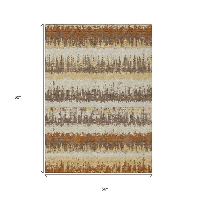 3' X 5' Brown Beige And Ivory Striped Washable Indoor Outdoor Area Rug Transitional Style - Brown, Beige, Ivory Color