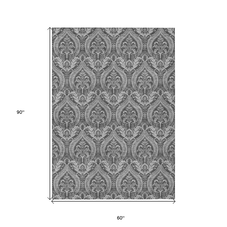 5' X 8' Gray Damask Washable Non Skid Indoor Outdoor Area Rug