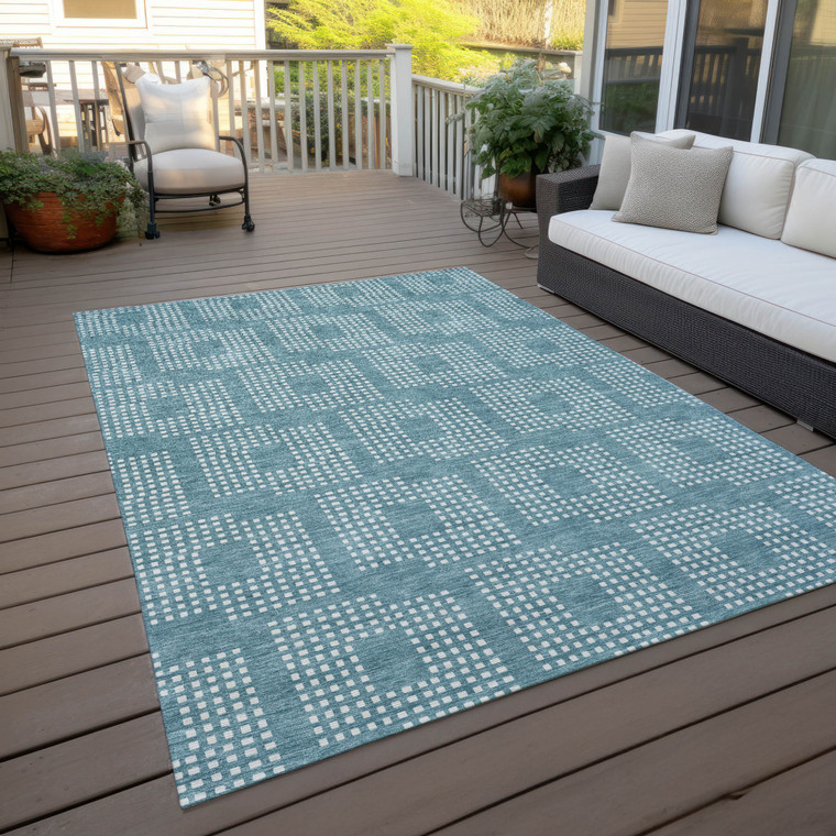 5' X 8' Teal Blue And Ivory Geometric Washable Indoor Outdoor Area Rug Transitional Style - Teal Blue, Ivory Color