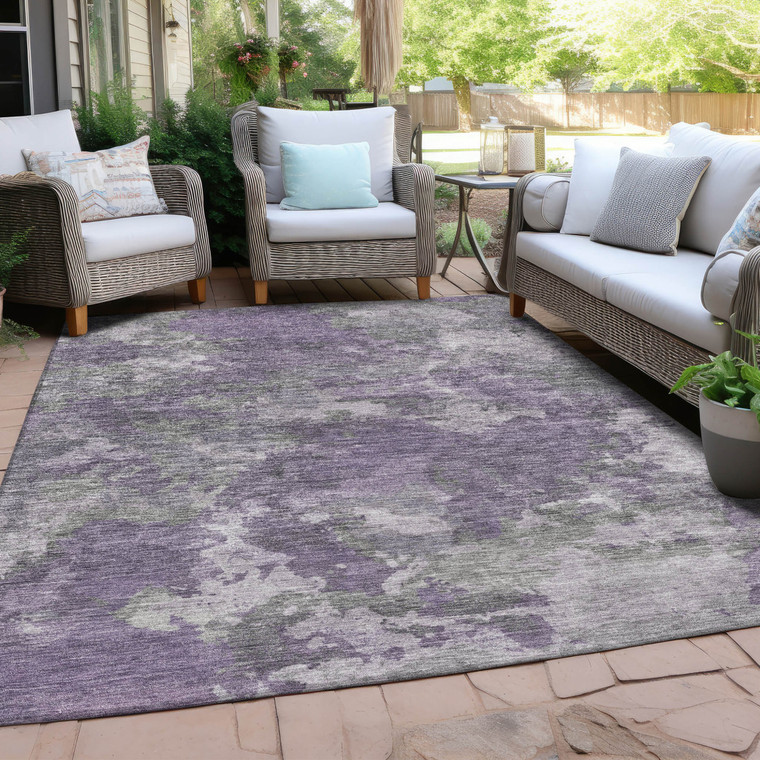 5' X 8' Purple And Gray Abstract Washable Indoor Outdoor Area Rug - Purple, Gray
