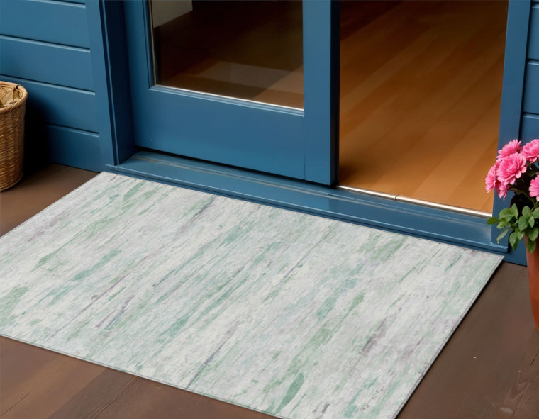 3' X 5' Artichoke Green And Ivory Abstract Washable Indoor Outdoor Area Rug - Artichoke Green, Ivory