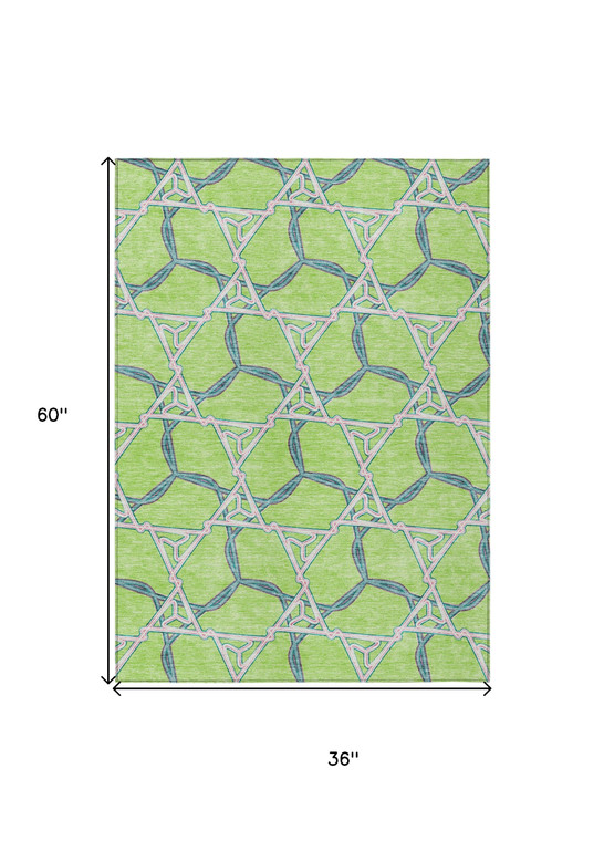 3' X 5' Lime Green And Blue Geometric Washable Indoor Outdoor Area Rug