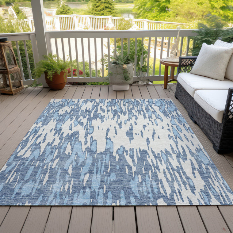 3' X 5' Denim Blue And Ivory Abstract Washable Indoor Outdoor Area Rug Transitional Style - Denim Blue, Ivory Color