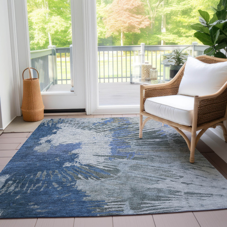 3' X 5' Denim Blue And Navy Blue Abstract Washable Indoor Outdoor Area Rug Transitional Style - Denim Blue, Navy Blue Color