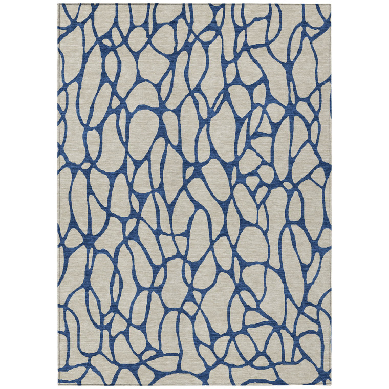 3' X 5' Beige And Blue Geometric Washable Indoor Outdoor Area Rug
