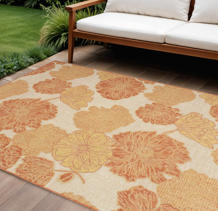 8' X 10' Coral And Beige Floral Indoor Outdoor Area Rug