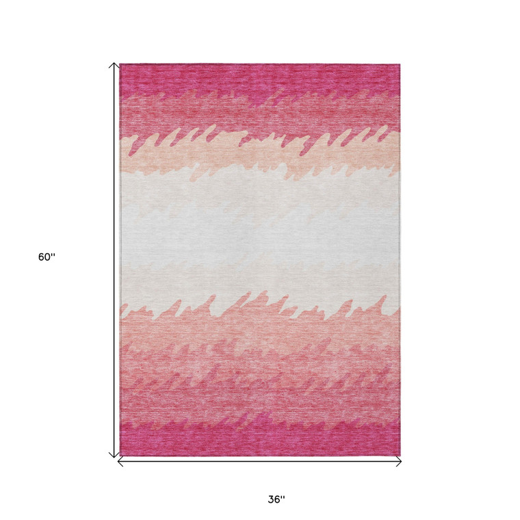 3' X 5' Blush Pink And Ivory Striped Washable Indoor Outdoor Area Rug