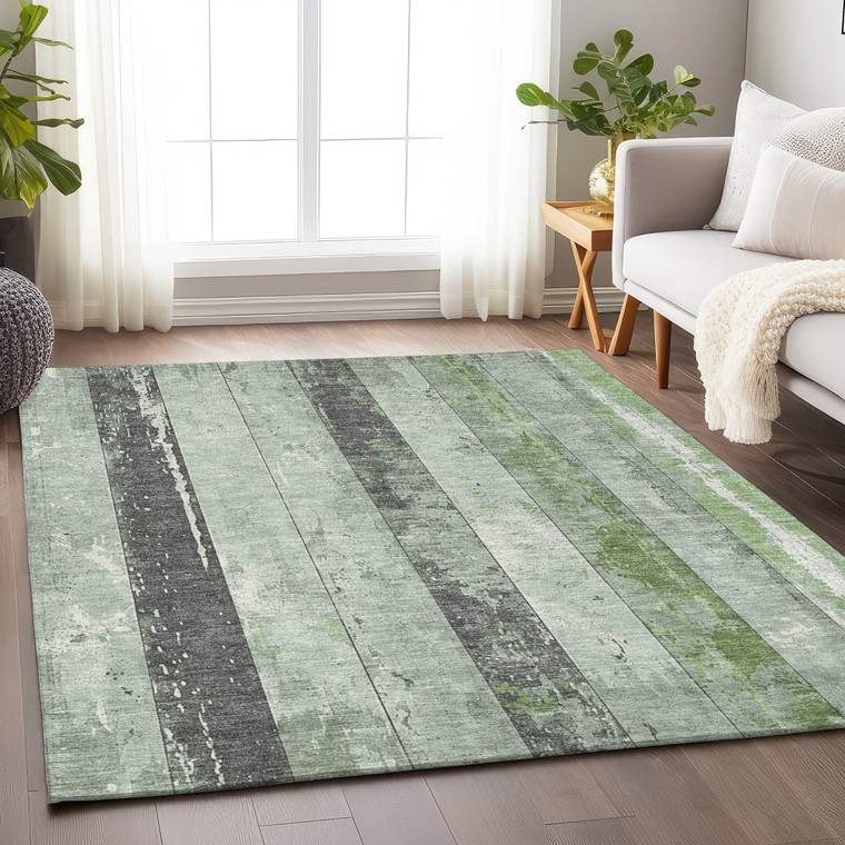 5' X 8' Artichoke Green And Gray Striped Washable Indoor Outdoor Area Rug