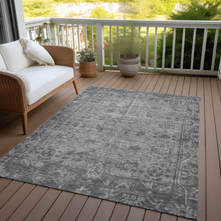 3' X 5' Gray Oriental Washable Indoor Outdoor Area Rug
