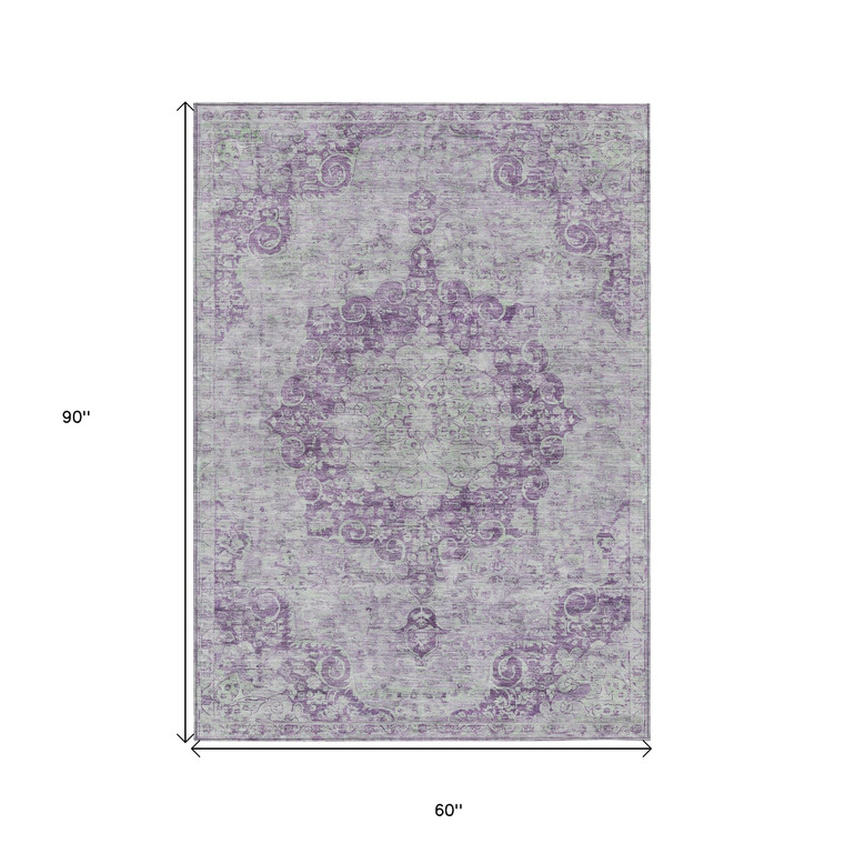 5' X 8' Purple Floral Medallion Washable Indoor Outdoor Area Rug - Purple