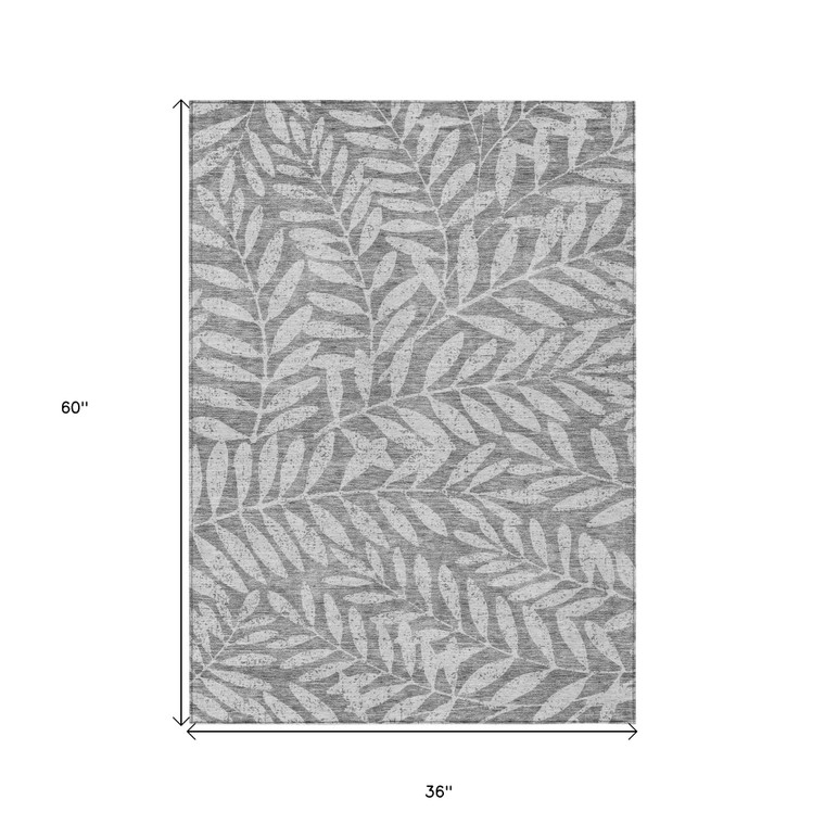3' X 5' Gray And Light Gray Floral Washable Indoor Outdoor Area Rug