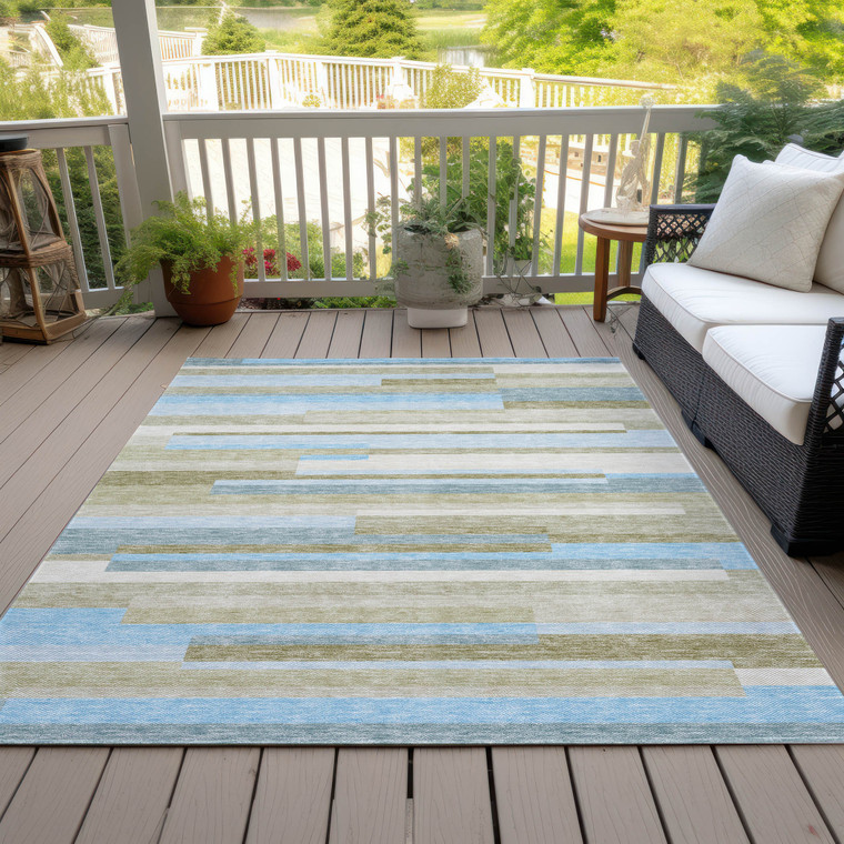 3' X 5' Sky Blue And Denim Blue Striped Washable Indoor Outdoor Area Rug - Sky Blue, Denim Blue