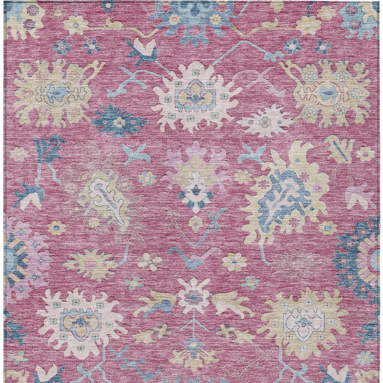 5' X 8' Pink Ivory And Denim Blue Floral Washable Indoor Outdoor Area Rug
