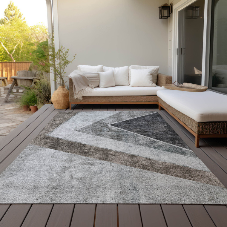 3' X 5' Gray Silver And Charcoal Geometric Washable Indoor Outdoor Area Rug - Gray, Silver, Charcoal